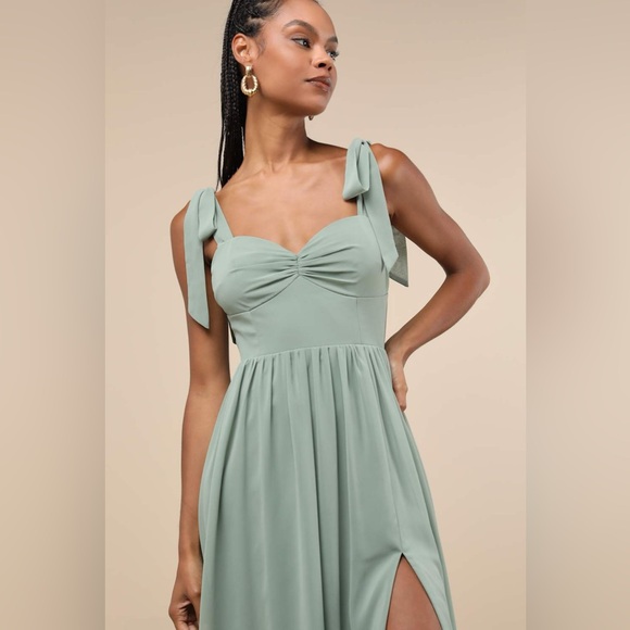 Lulus Radiant Charisma Sage Brush Chiffon Ruched Tie-Strap Maxi Dress - Picture 4 of 8